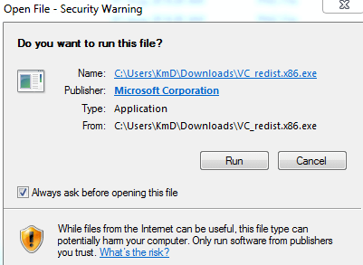 Windows Security Warning Visual C++ 2019