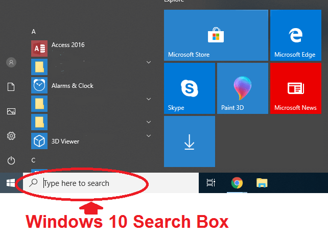 Search box in Windows 10 start menu